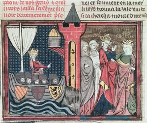 Balduino I cruzando el río Jordán y renunciando a su esposa, de Le Roman de Godefroi de Bouillon, 1337