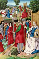 Ms Fr 225 f.120 Luis XII (1462-1515) conversando con Ana de Bretaña (1496-1533) ilustración de Remedios de una y otra Fortuna de Petrarca (1304-74) 1503