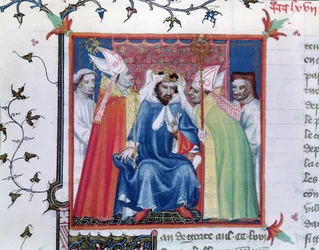 Ms. Fr. 2608, fol. 335v: Coronación de Felipe III (1245-85), de las Grandes Chroniques de France, hacia 1400