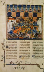 Ms Fr. 352 fol. 49v Escena de batalla, de la biografía de Godofredo de Bouillon, Una Historia de los Santos Occidentales