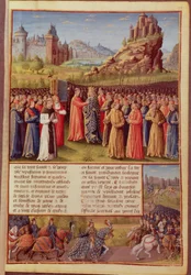 Ms Fr 5594 f.138 San Bernardo (c.1090-1153) de Claraval predicando la Segunda Cruzada en presencia del Rey Luis VII (c.1120-80) de Francia en Vézelay en 1146, de Passages faits Outremer