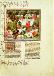 Cazadores festejando antes de la caza del ciervo, del Livre de la Chasse por Gaston Phebus de Foix (1331-1391)