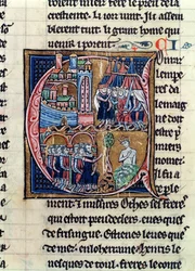 Ms Fr 9081 fol.206 Inicial historiada C que representa a Conrado III (1137-52) Emperador de Alemania y Luis VII (1120-80) Rey de Francia, sitiando Damasco en 1148, de Histoire de Jerusalem por William of