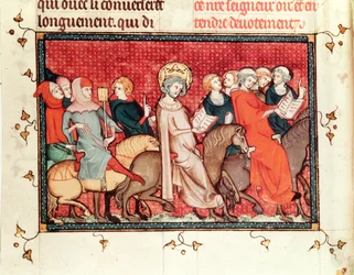 Ms Fr fol.48 El rey dictando sus horas mientras monta a caballo, de Vida y Milagros de San Luis, c.1330-40