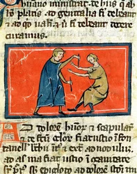 Doctor cauterizando una herida con fuego, de una edición del Libro de Cirugía de Rogier de Salerne