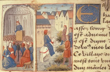 Una conferencia y esparciendo juncos en las calles, de Les Cent Nouvelles Nouvelles, 1462