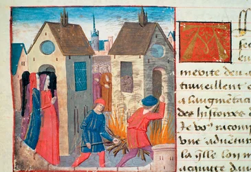 Ms Hunter 252 f.75v Quemando una casa, de Les Cent Nouvelles Nouvelles, 1462