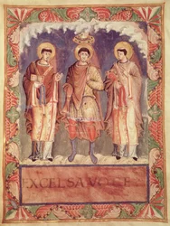 Ms Lat 1141 fol.2v La coronación de Carlos II (823-877) con los arzobispos de Reims y Tréveris, del Sacramentario de Metz
