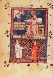 Ms Lat 14023 fol.1v Dios creando medicina y dando conocimiento a los doctores, del Canon de Medicina por Avicena (Ibn Sina) (980-1037) traducido por Gerard de Cremone (1114087) c.1320