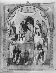 El Rey Carlos II (823-877) Recibiendo una Biblia del Conde Vivian y los Monjes de Saint-Martin de Tours, de la Primera Biblia de Carlos el Calvo, c.843-51