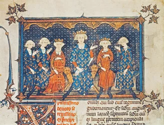 Felipe IV (1268-1314) de Francia con sus cuatro hijos y su hermano Carlos de Valois