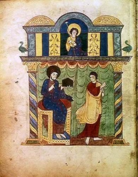 Ms Lat 8878 fol.1v Jesús presentando el evangelio a San Mateo, de un Comentario sobre el Apocalipsis por el monje asturiano Beato de Liébana (c.776) c.1028-72