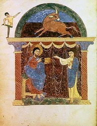 Ms Lat 8878 fol.3v Jesús presentando el evangelio a San Lucas, de un Comentario sobre el Apocalipsis por el monje asturiano Beato de Liébana (c.776) c.1028-72