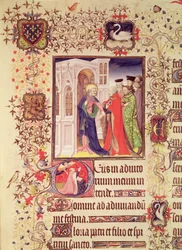 Jean de Francia, Duque de Berry siendo guiado por San Pedro a las Puertas del Cielo con una inicial historiada `D de San Pedro y Jean de Berry en oración, de las Grandes Horas del Duque de Berry