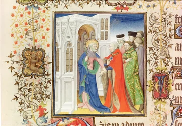 San Pedro Guiando a Jean de Francia (1340-1416) Duque de Berry al Paraíso, de las Grandes Horas del Duque de Berry, 1409
