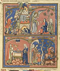 Ms M 638 fol.14r Abimelec y Sansón, de la Biblia de Imágenes Morgan, c.1244-54