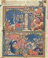 Ms M 638 fol.15r Sansón y Dalila, de la Biblia de Imágenes Morgan, c.1244-54