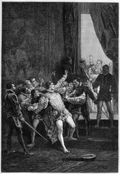 Asesinato de David Rizzio (Davide) en presencia de María Estuardo (María I) (1542-1587) - grabado en «L