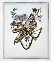 Instrumentos musicales, de un libro de láminas grabadas de los diseños de Oppenord, publicado en 1745