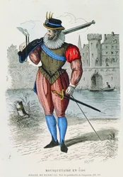Mosquetero en 1586, ilustración de Costumes de Paris a travers les siecles por H. Gourdon de Genouillac, grabado por A. Renard
