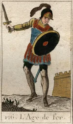 Mito de las Edades de la Humanidad: representación de la Edad de Hierro, como un joven con casco, espada y escudo. De “Mitología de la juventud” por Pierre Blanchard 1803