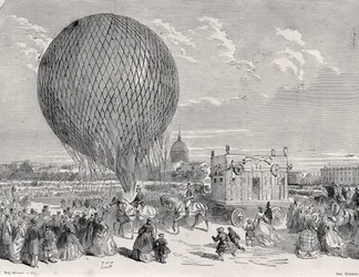 El globo de Nadar, Le Géant siendo preparado en el Champ de Mars, París para su primer vuelo el 4 de octubre de 1863, ilustración de Paris a Travers Les Siecles: Tome 5, 1889