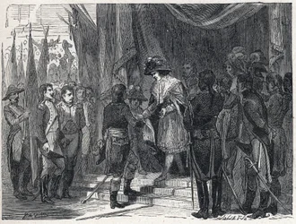 Napoleón Bonaparte (1769-1821) entregó el tratado de Campoformio al miembro del Directorio el 10 de diciembre de 1797. Este tratado entre Francia y Austria marca el fin de la Primera Coalición