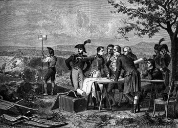 Napoleón Bonaparte indicando el plan para la excavación del Canal de Saint-Quentin en 1801 - Bonaparte indicando la perforación del canal de Saint Quentin en 1801 - Grabado del siglo XIX