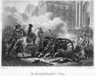 Napoleón aplastando la rebelión realista - Napoleón Bonaparte (a caballo) comandando tropas revolucionarias en combates callejeros el 13 Vendémiaire (5 de octubre) - 13 Vendémiaire 1795 (insurrección realista del 5 de octubre de 1795): Bonaparte restableci