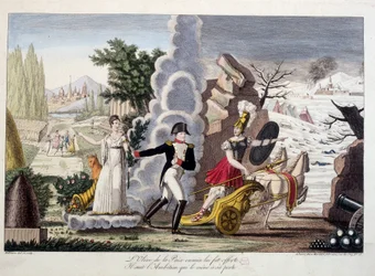 Napoleón I entre la guerra y la paz, circa 1815 - La oliva de la paz en vano le fue ofrecida, sigue la ambición que lo llevó a su pérdida - en “Napoleón 1er”, una colección ficticia de caricaturas