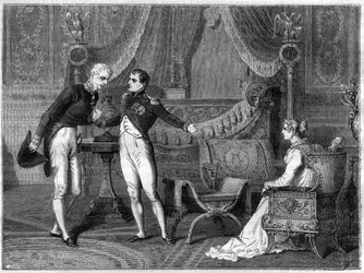 Napoleón, su esposa Marie-Louise y el Príncipe Metternich conversando