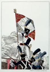 Napoleonic Armee: Infantería de línea. Sargento Mayor plantando su águila sobre un pavor drásticamente aniquilado. Grabado de Martinet (siglo XIX) 1808. Malmaison, Musee Du Chateau.