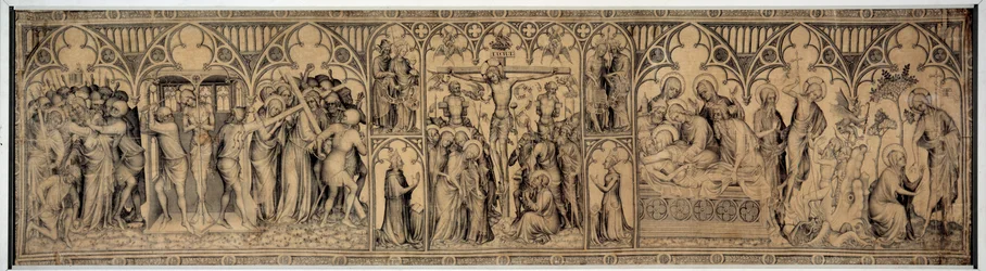 Enfrentamiento de Narbona. Dibujo anónimo de la escuela francesa de la segunda mitad del siglo XIV. Lavado gris y samit. Dim: 0,775x2,86m. Museo del Louvre