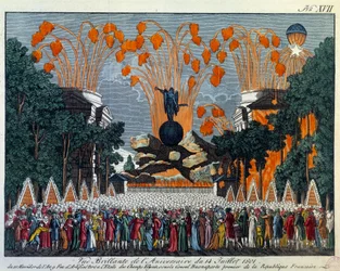 Fiesta nacional del 14 de julio de 1801 en los Campos Elíseos, París: Fuegos artificiales tiene lugar de la estrella en los Campos Elíseos en París. Impresión de 1801 París, Musee Carnavalet