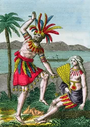 Habitantes nativos de las Islas Marquesas, ilustración de Histoire des Voyages Autour du Monde por J. Dufay, publicada por Courvalet & Co., París, 1826 (grabado en color)