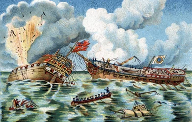 Combate naval entre la “Supervisante” y el “Quebec”, 6 de octubre de 1779 no lejos de Ouessant. La fragata francesa fue comandada por el Capitán Du Couedic de Kergoaler, la fragata inglesa por el Capitán Farmer. Cromolitografía alrededor de 1890.