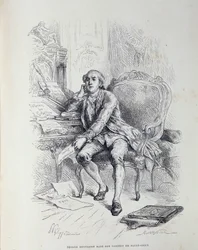 Necker en su oficina en Saint-Ouen, rodeado de notas "Reforma de Gabelles", "Impuestos", "Abolición de Aduanas", etc.