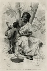 Negillon fumando y tomando el pecho de su madre, en la región de Darién (este de Panamá), ilustración de la historia Exploración en los istmos de Panamá y Darién, por A. Reclus, teniente de barco, de 1876 a 1878