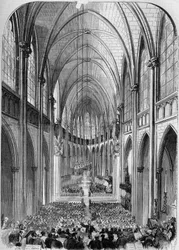 Arquitectura neogótica: vista interior de la iglesia de Sainte Clotilde (1846-1857), en París, durante su inauguración el 30 de noviembre de 1857. Grabado de Bertrand en "Le Monde Illustré" n°34 del 5 de diciembre de 1857.
