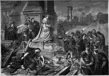 Nerón después del incendio en Roma en 64. Grabado según la pintura de Karl Theodor von Piloty (1826-1886). En “Le Monde Illustré” n°283 del 13 de septiembre de 1862