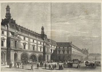 Nuevos edificios de las Tullerías en la Place du Carrousel - Le nouveau Louvre - fachada del lado de la Place du Carrousel y sala de los Estados - grabado de 1869