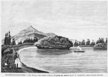 Nueva Caledonia, Isla de los Pinos, Pic Nga visto desde Kuto, después de un dibujo del Reverendo Padre Lambert, un misionero marista, ilustración del boletín Les Missions Catholiques, 1893