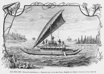Nueva Caledonia, piragua de la Isla de los Pinos, después de un dibujo a pluma y tinta de un deportado, ilustración del boletín Les Missions Catholiques, 1893