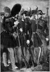 Nuevos uniformes de la guardia imperial francesa en 1860. Grabado en "Le Monde Illustré" n°165 del 9 de junio de 1860.