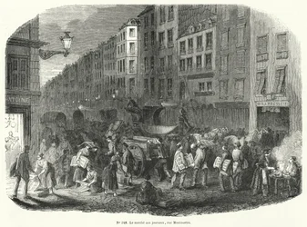 Mercado de periódicos, Rue Montmartre, París (grabado)