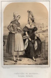 Trajes normandos - la heredera de Caudebec - grabado en "LE SOURIES DE MON UNCLE MEMORIES ET RECITTS DE Viajes" por MORING MICHEL - Finales del siglo XIX