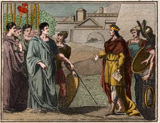 Numa Pompilio, legendario segundo rey de Roma, devuelve el escudo sagrado a los sacerdotes de Marte