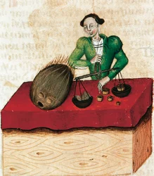 Comerciante de nuez moscada, miniatura de Tractatus de herbis, Francia siglo XV