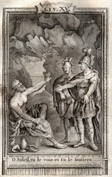 ¡Oh Sol, lo ves, y lo sufres! Ulises me respondió sin moverse: Júpiter lo quiere... grabado de 1798 por Monnet en “Las Aventuras de Telémaco, hijo de Ulises” por François de Salignac de La Mothe-Fénelon llamado Fénelon -