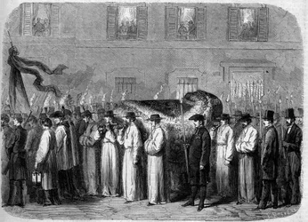 Funerales de Jean Baptiste (Giovanni Battista) Niccolini (1782-1861), 21 de septiembre de 1861: convoy fúnebre llevando los restos del poeta italiano por las calles de Florencia (Firenze), Italia. Grabado en “Le Monde Illustré” n°234 del 5 de octubre